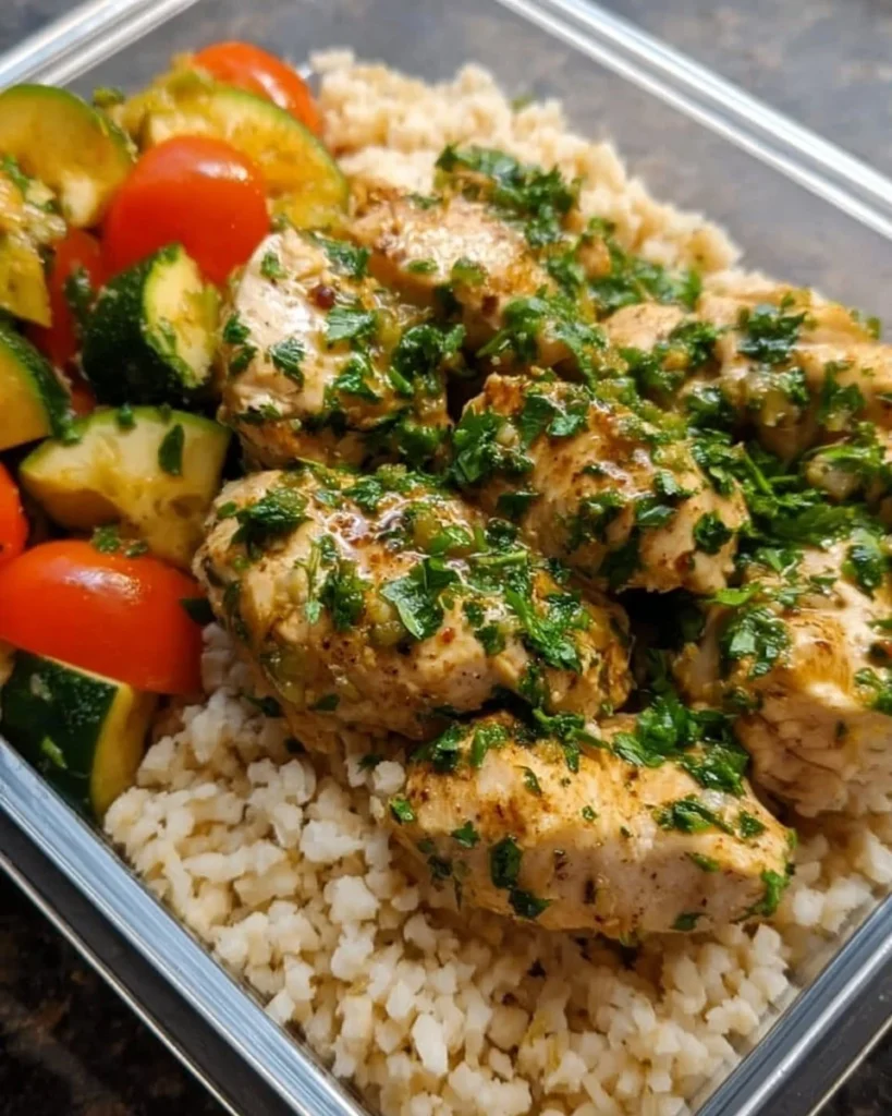 Plate of Lemon Chicken served with cilantro brown rice on a wooden table