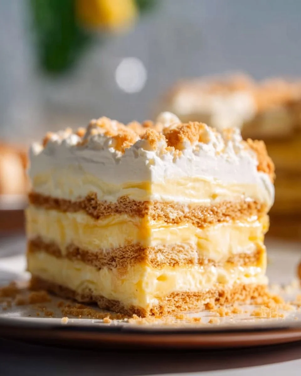 Delicious slice of Lemon Icebox Cake with lemon garnishes on a plate.