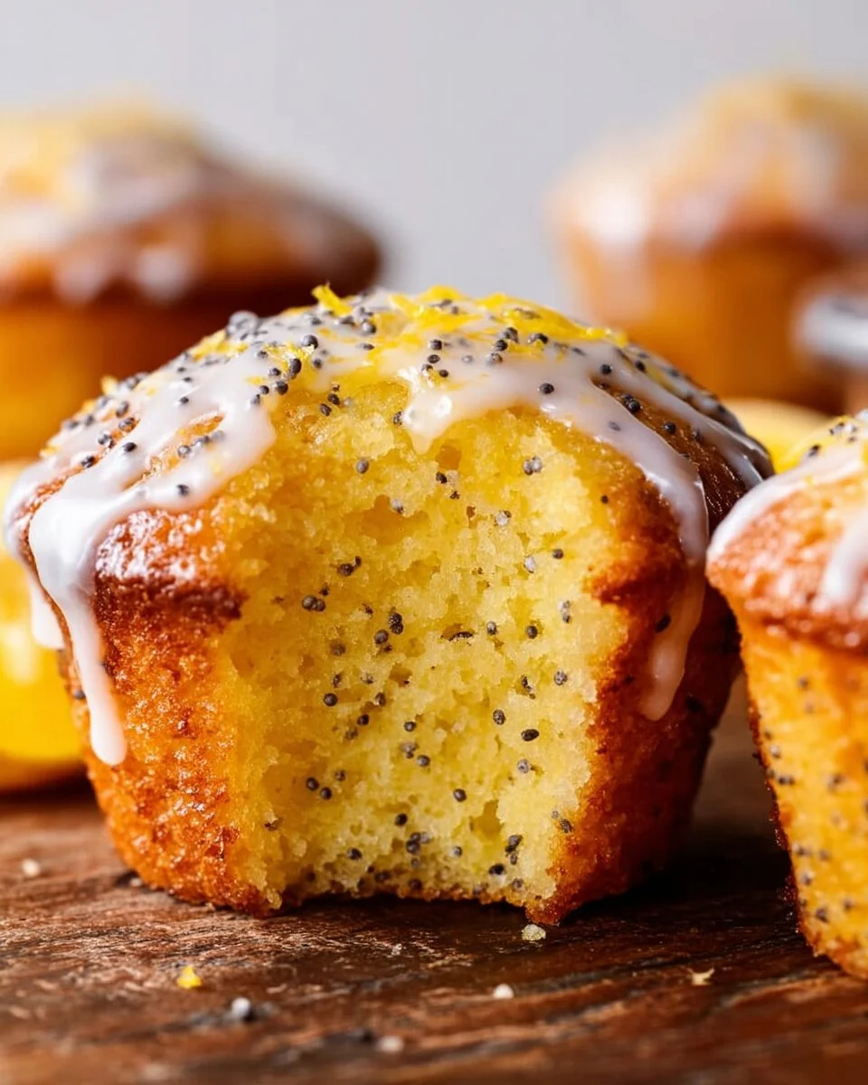 Freshly baked lemon poppy seed muffins on a wooden table