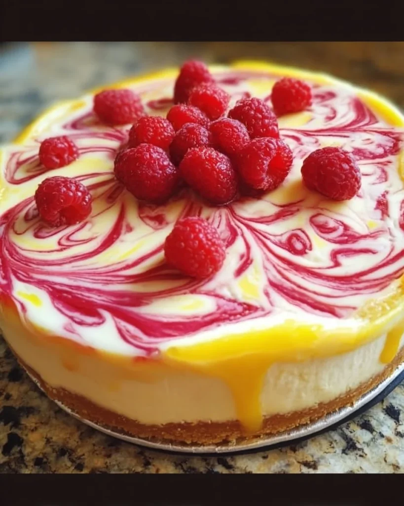 Delicious Lemon Raspberry Swirl Cheesecake topped with fresh raspberries.