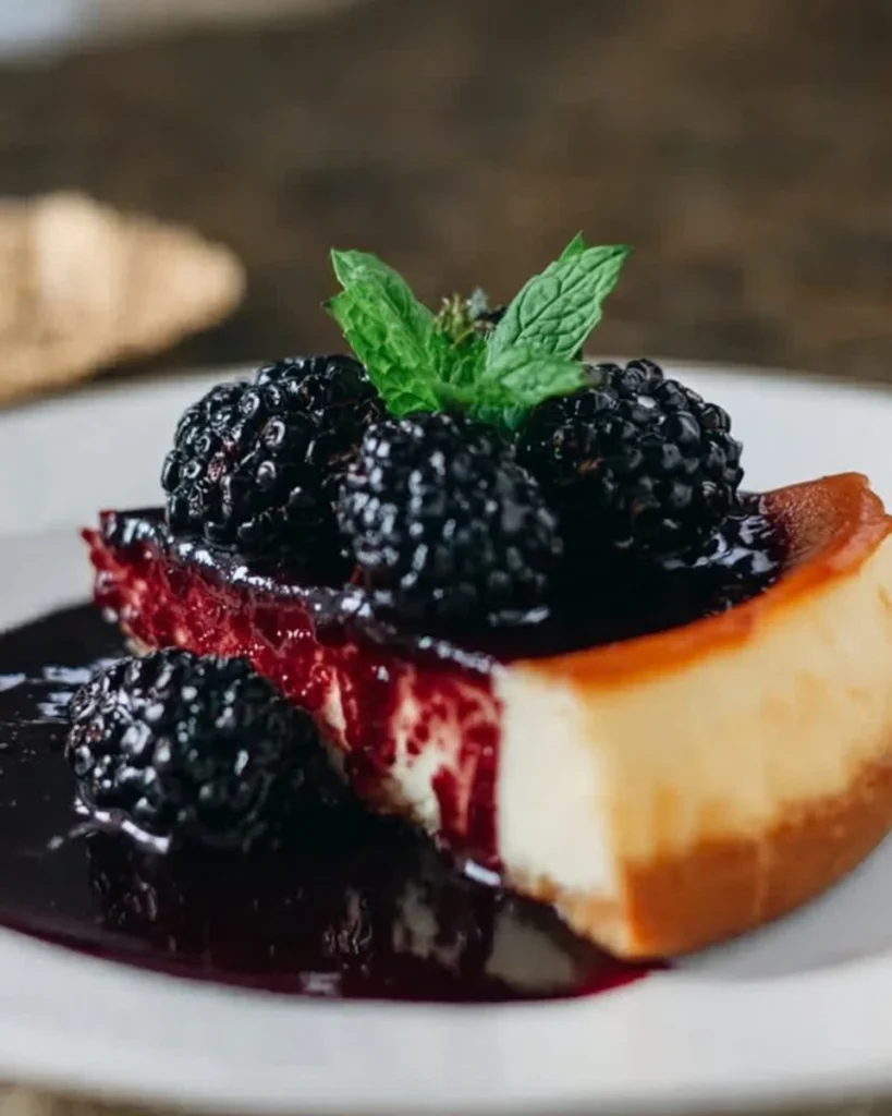 London Fog Basque cheesecake topped with rich blackberry sauce
