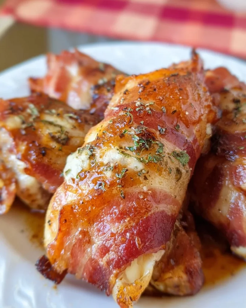 Delicious low-carb beef bacon wrapped chicken dish ready to serve.