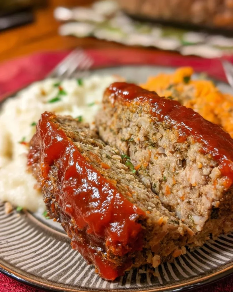 Delicious Mama's Meatloaf served with mashed potatoes and peas.