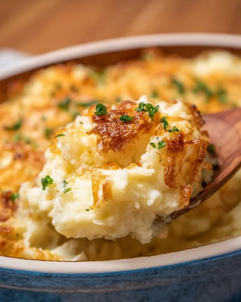 Delicious mashed potato casserole topped with cheese and herbs