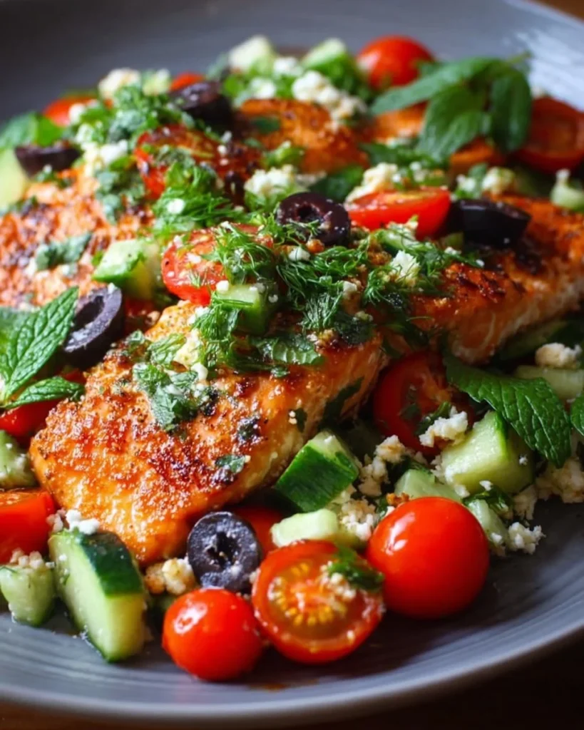 A beautifully plated Mediterranean Salmon with herbs and vegetables