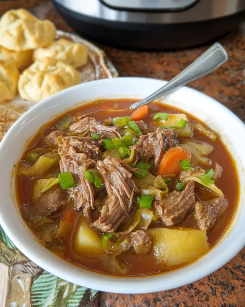 Bowl of Mississippi Pot Roast Soup with beef and vegetables