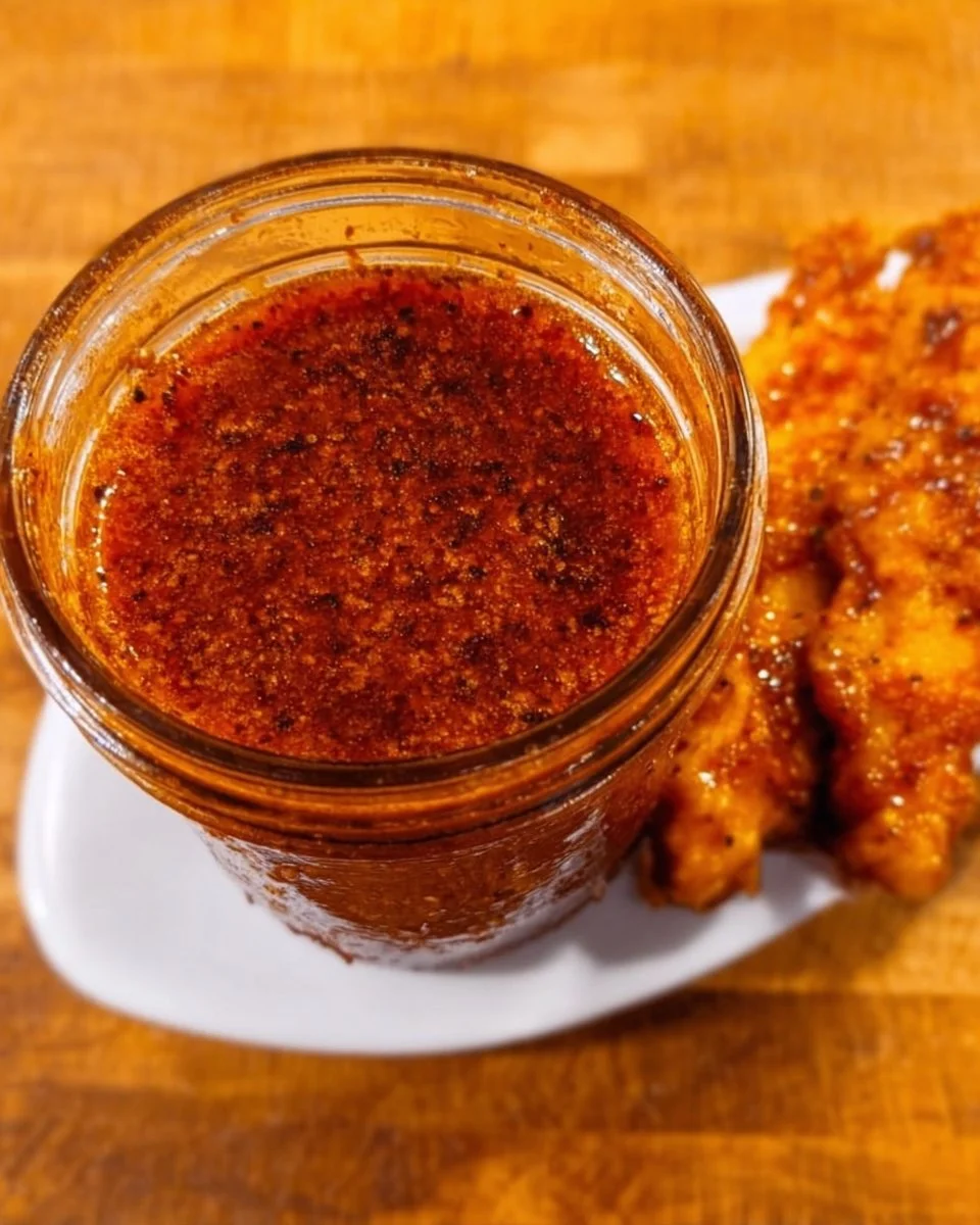 Bottles of Nashville hot sauce with chili peppers on a wooden table.