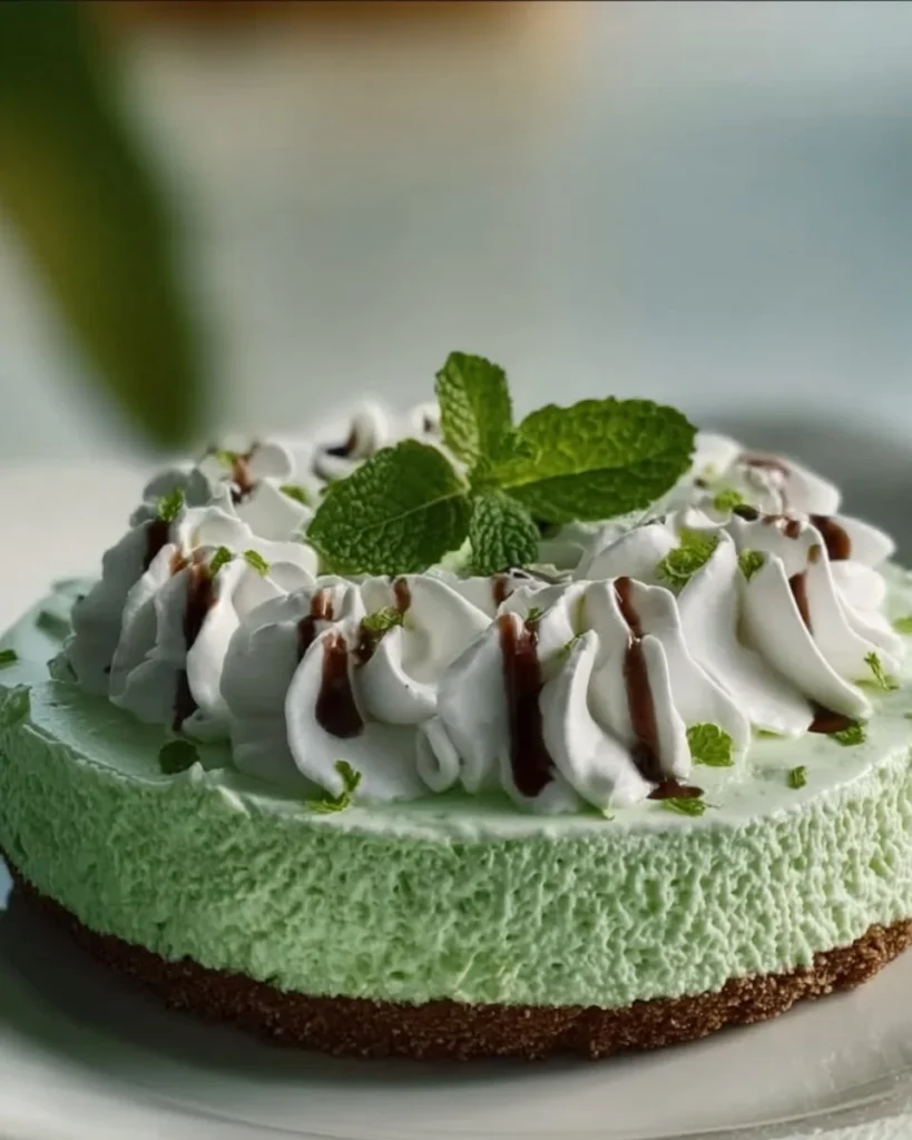 Delicious no bake mint dessert served in a glass with chocolate flakes on top