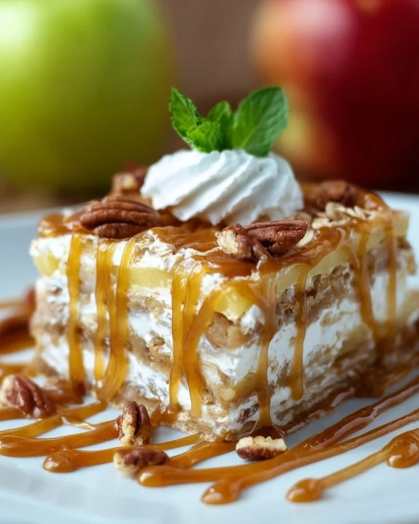 No-bake oatmeal apple pie lasagna layered with apples and oats