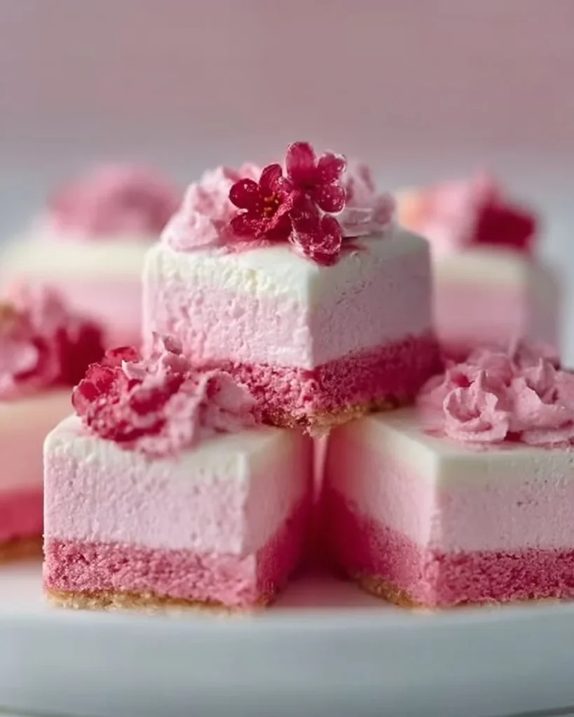 No Bake Pink Velvet Cheesecake Bites served on a plate garnished with berries