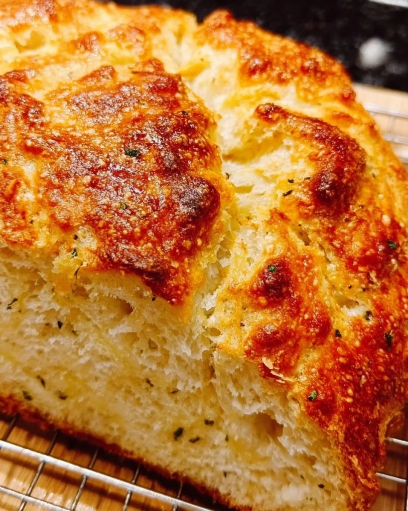Delicious no knead skillet cheese bread fresh out of the pan.