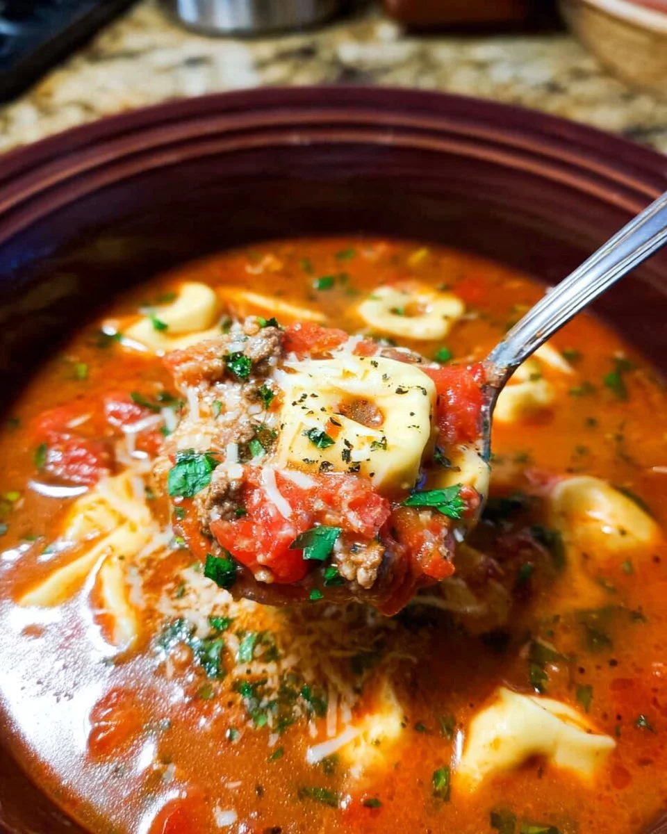 One Pot Beefy Tomato Tortellini Soup served in a bowl with fresh herbs