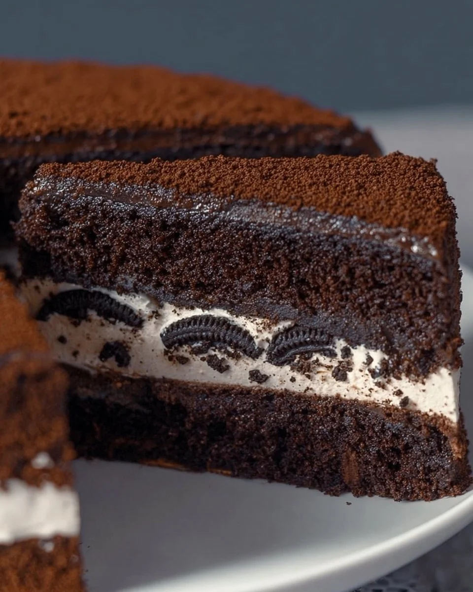 Decadent Oreo Cake with chocolate layers and cream filling