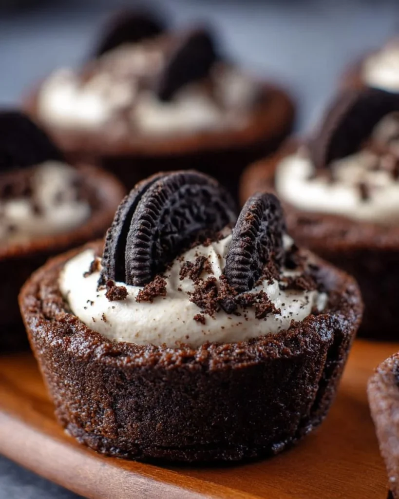 Oreo Cheesecake Cookie Cups topped with Oreo crumbs in a dessert presentation
