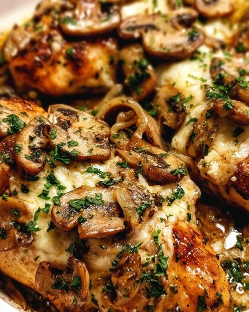 Oven baked chicken topped with cheese and mushrooms