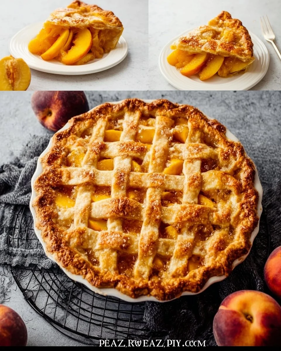 Delicious homemade peach pie with fresh peaches and golden crust