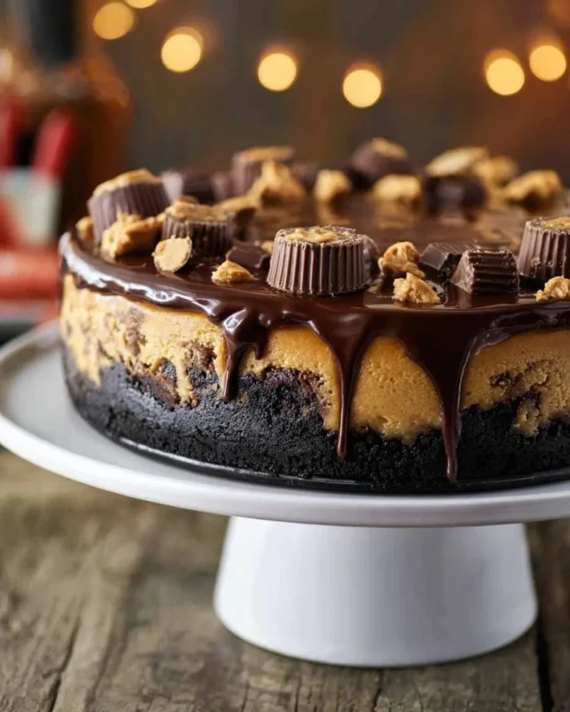 Delicious Peanut Butter Chocolate Cheesecake topped with peanut butter drizzle