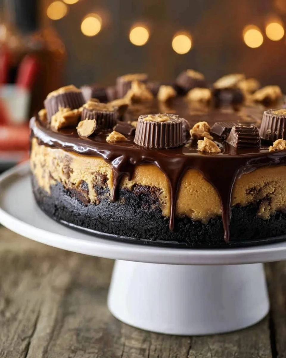 Delicious Peanut Butter Chocolate Cheesecake topped with peanut butter drizzle