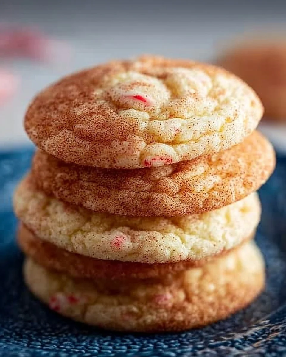 Plate of freshly baked Peppermint Snickerdoodles with red and white sprinkles.