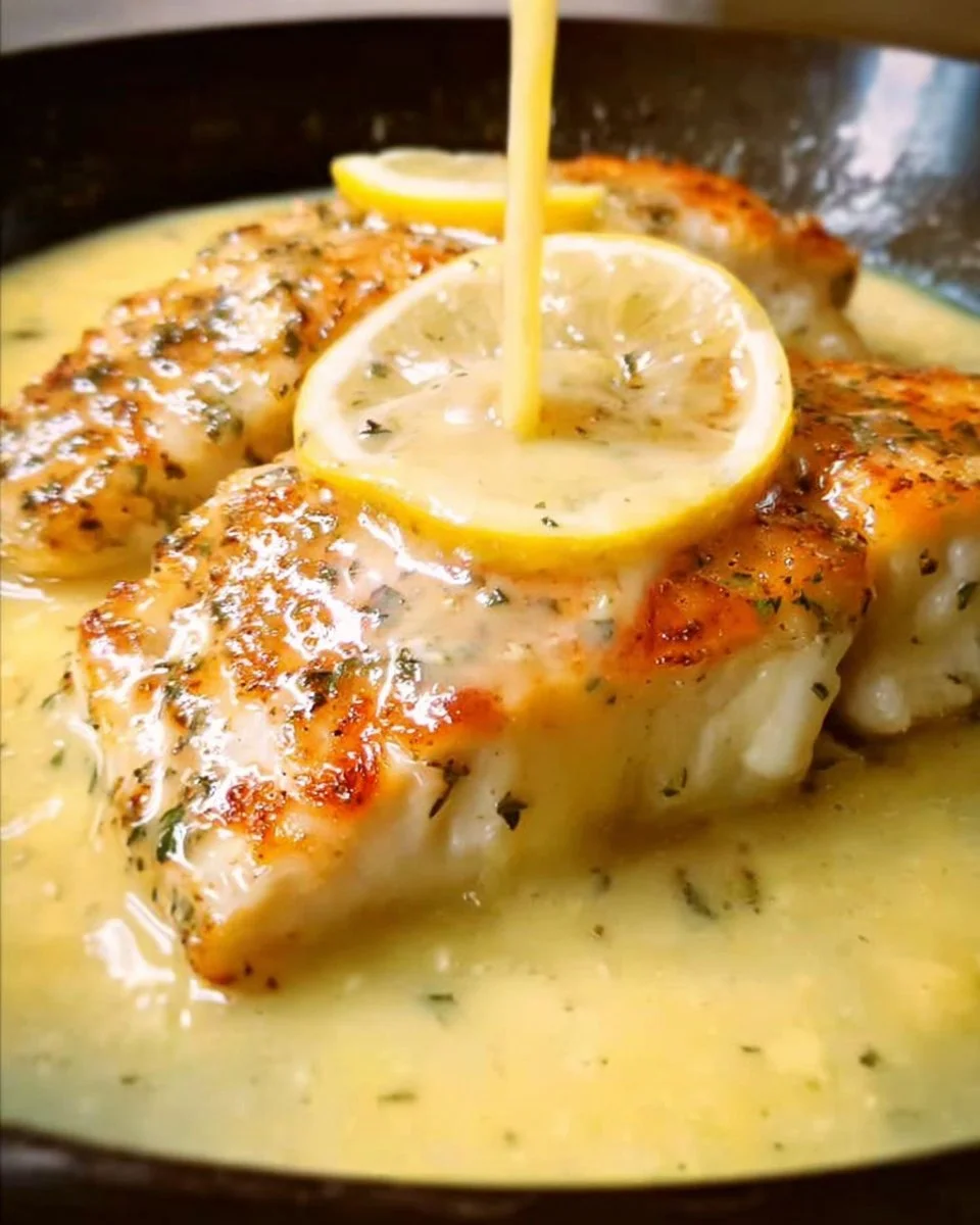 Delicious lemon sauce drizzled over grilled fish.
