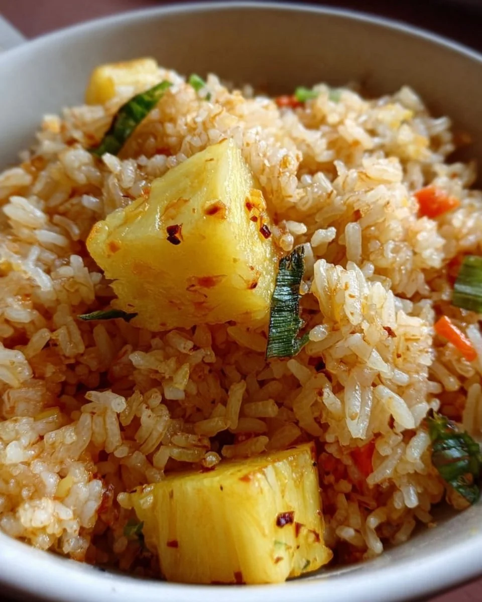 Delicious bowl of pineapple rice with diced pineapples and colorful vegetables.