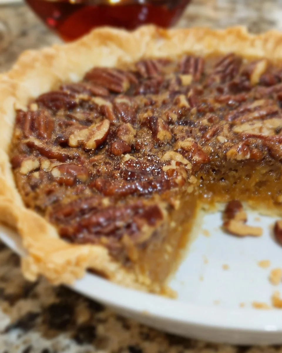 Delicious Pumpkin Pecan Pie topped with pecans and a creamy filling