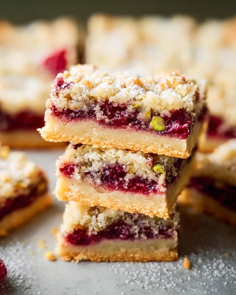 Delicious Raspberry Pistachio Shortbread Bars on a rustic wooden table.