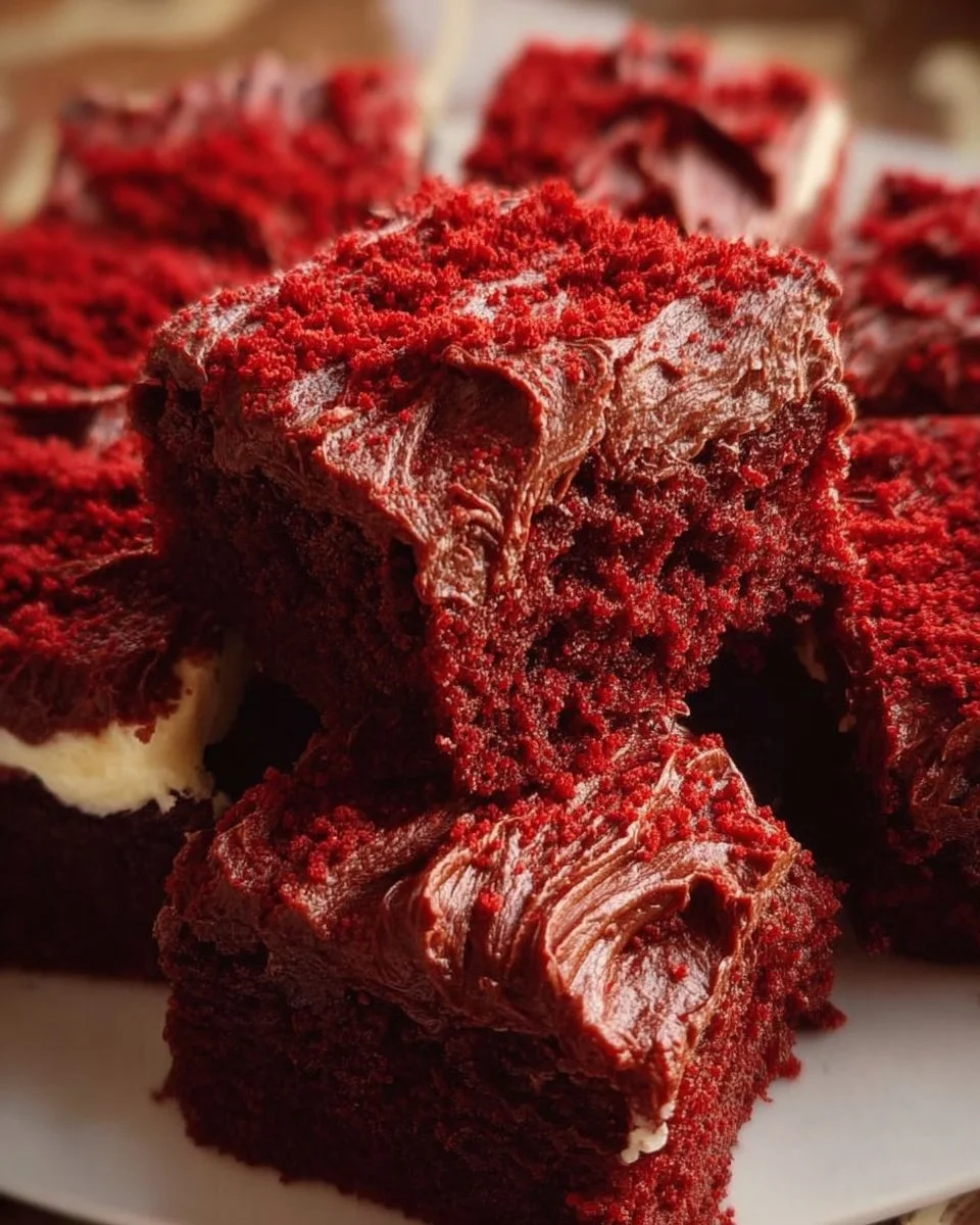 Freshly baked red velvet brownies with cream cheese frosting on top
