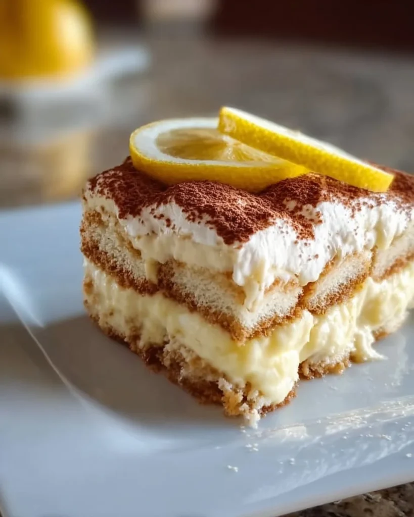 Refreshing lemon tiramisu dessert with layers of creamy lemon and coffee flavors