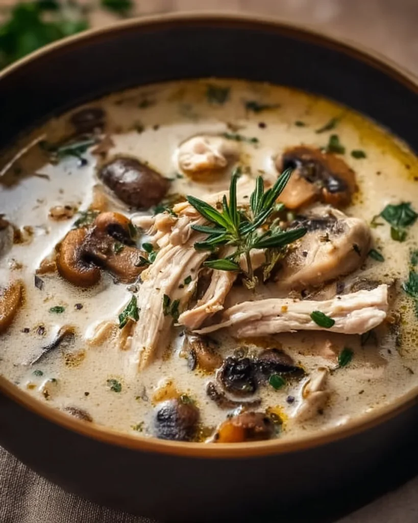 A bowl of rotisserie chicken and mushroom soup garnished with herbs.