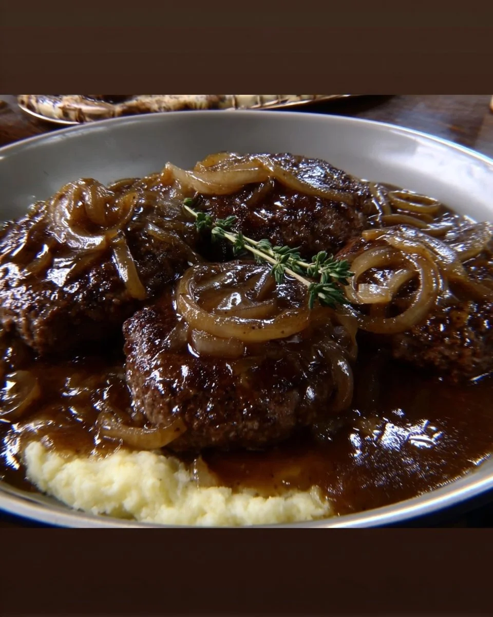 Homemade Salisbury Steak served with gravy and mashed potatoes