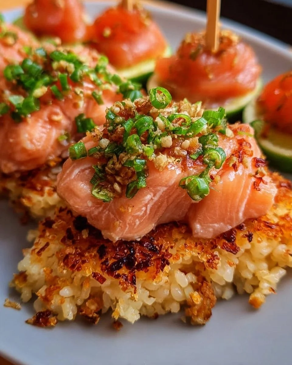 Plate of Salmon Crispy Rice topped with garnishes and served in a decorative bowl