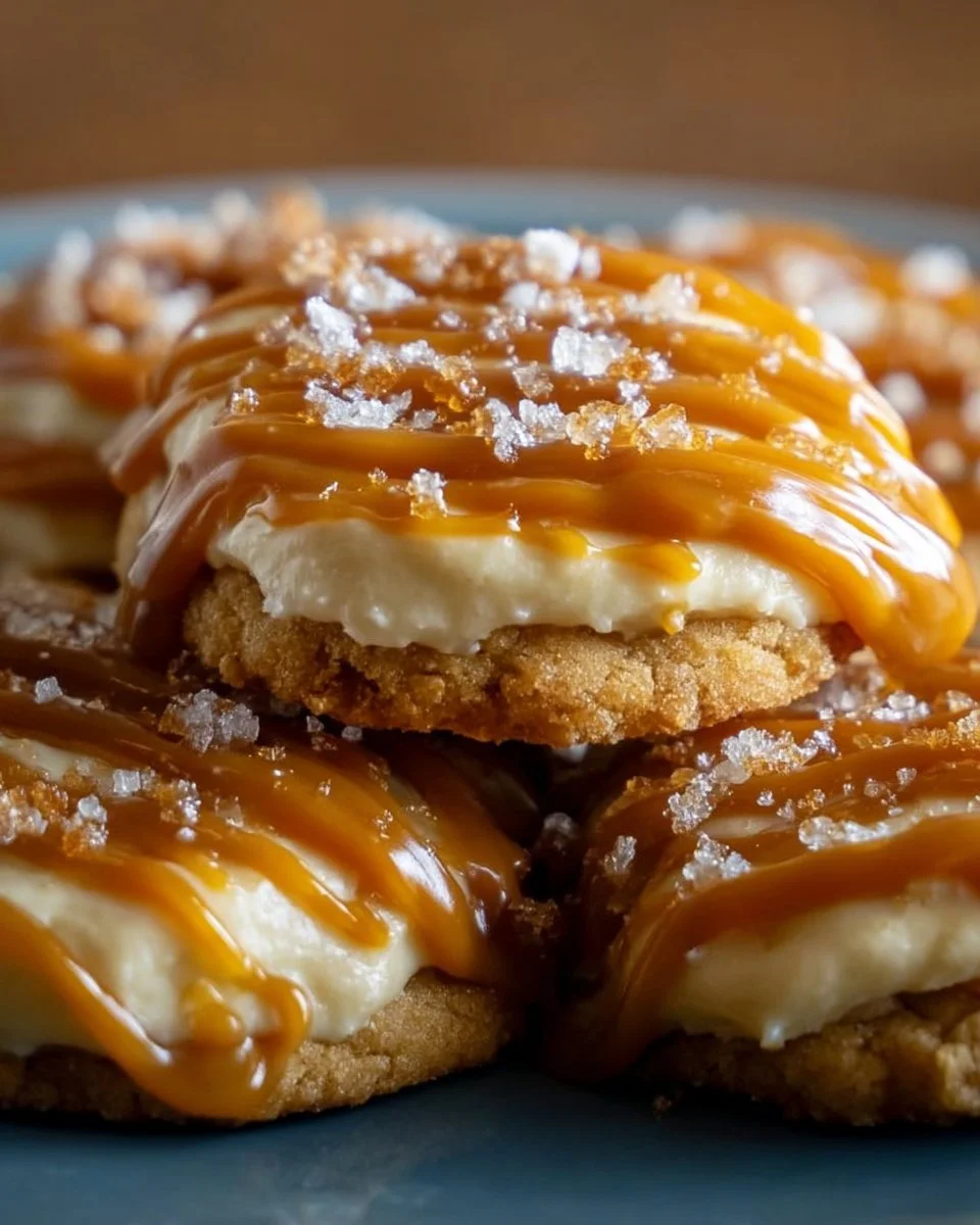 Salted Caramel Cheesecake Cookies with drizzled caramel on top.