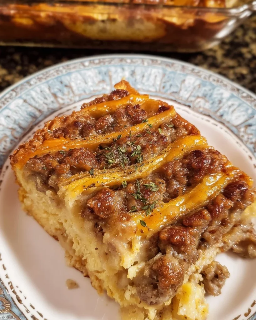 Sausage Pancake Breakfast Casserole topped with syrup and fresh berries