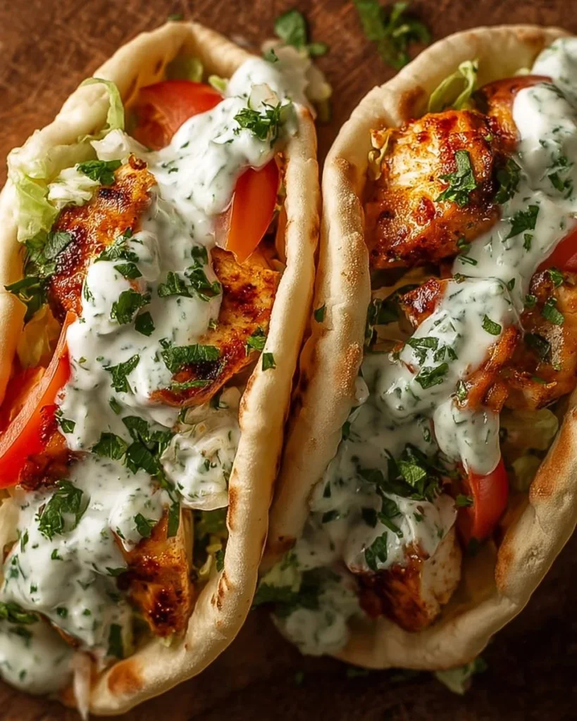 Sheet pan chicken pitas topped with herby ranch dressing and fresh vegetables.
