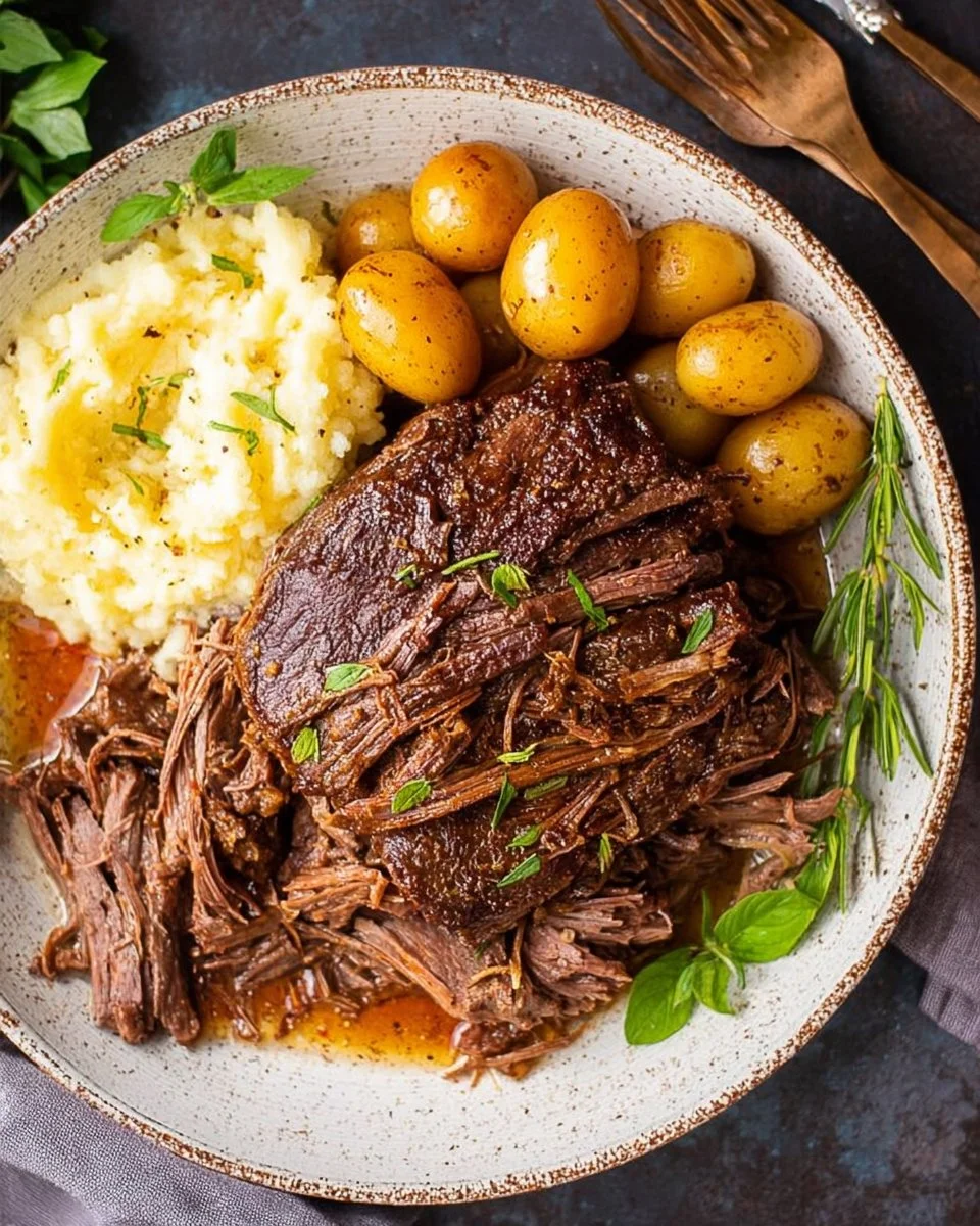 Slow cooker beef roast with herbs and vegetables cooking in a pot.