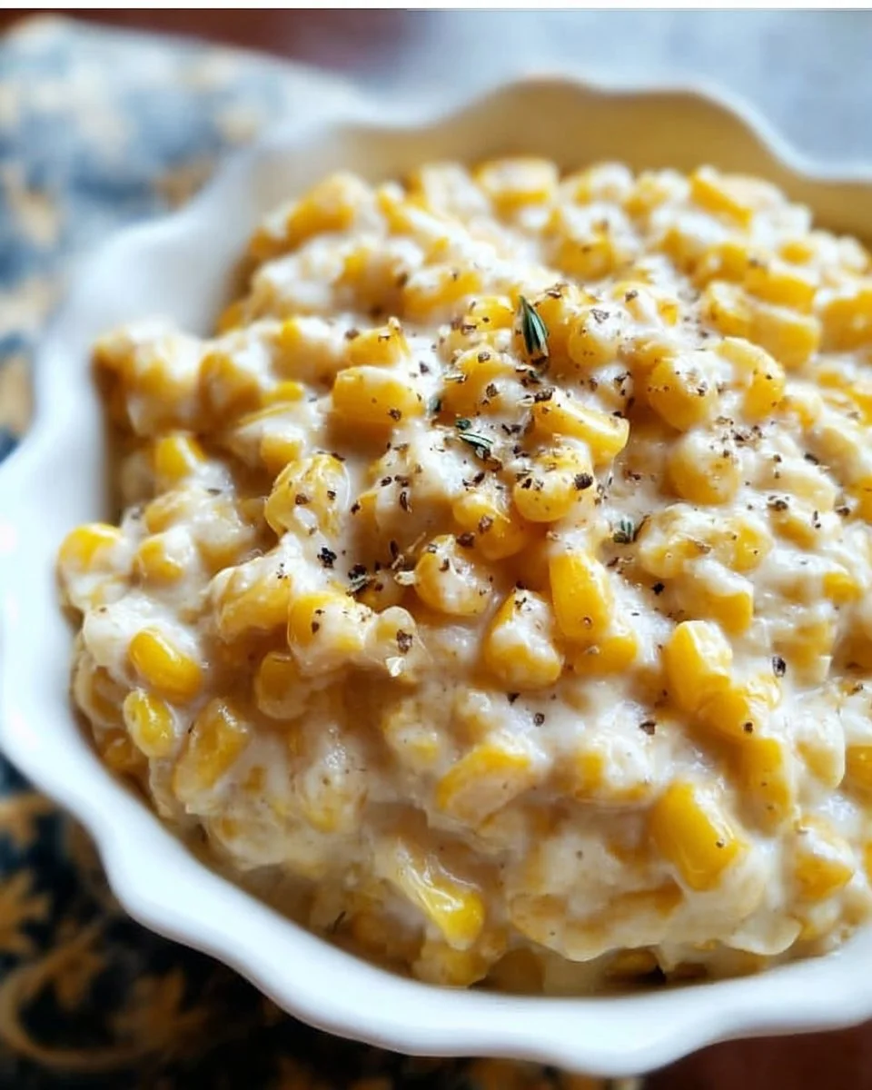 Delicious slow cooker creamed corn served in a bowl with fresh herbs
