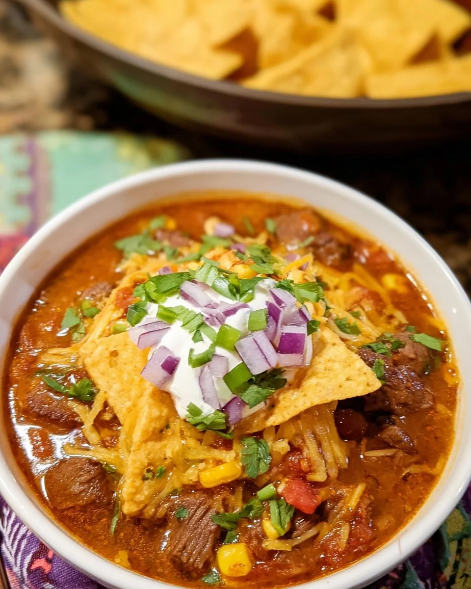 Slow Cooker Steak Enchilada Soup in a bowl, topped with cheese and cilantro.