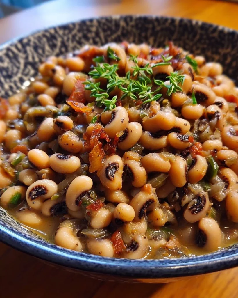 A bowl of Southern Black Eyed Peas cooked with spices and herbs.