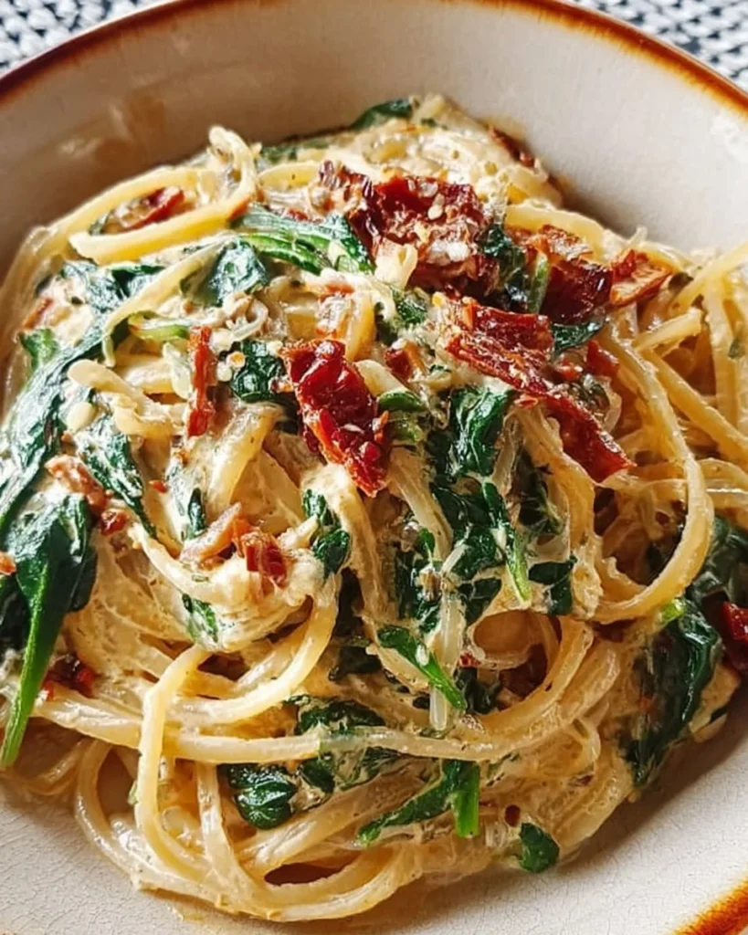 Spaghetti with spinach and sun-dried tomato cream sauce garnished with herbs