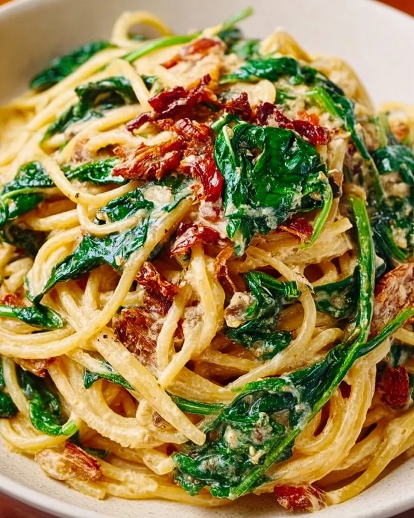 Spaghetti spinach with sun-dried tomato cream sauce served in a bowl