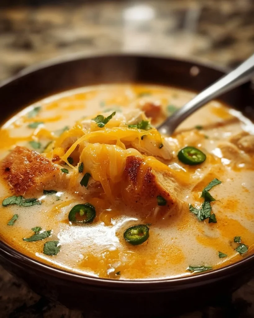 Bowl of spicy jalapeño popper chicken soup garnished with cheese and jalapeños