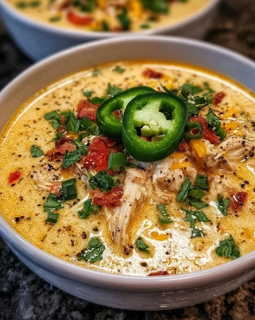 Bowl of spicy jalapeño popper chicken soup garnished with cheese and jalapeños