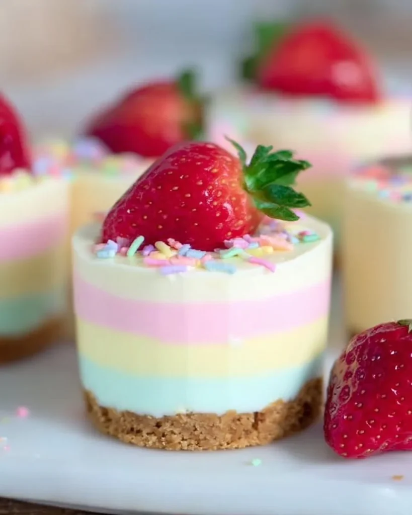 Spring no-bake mini cheesecakes topped with fresh fruit and mint leaves