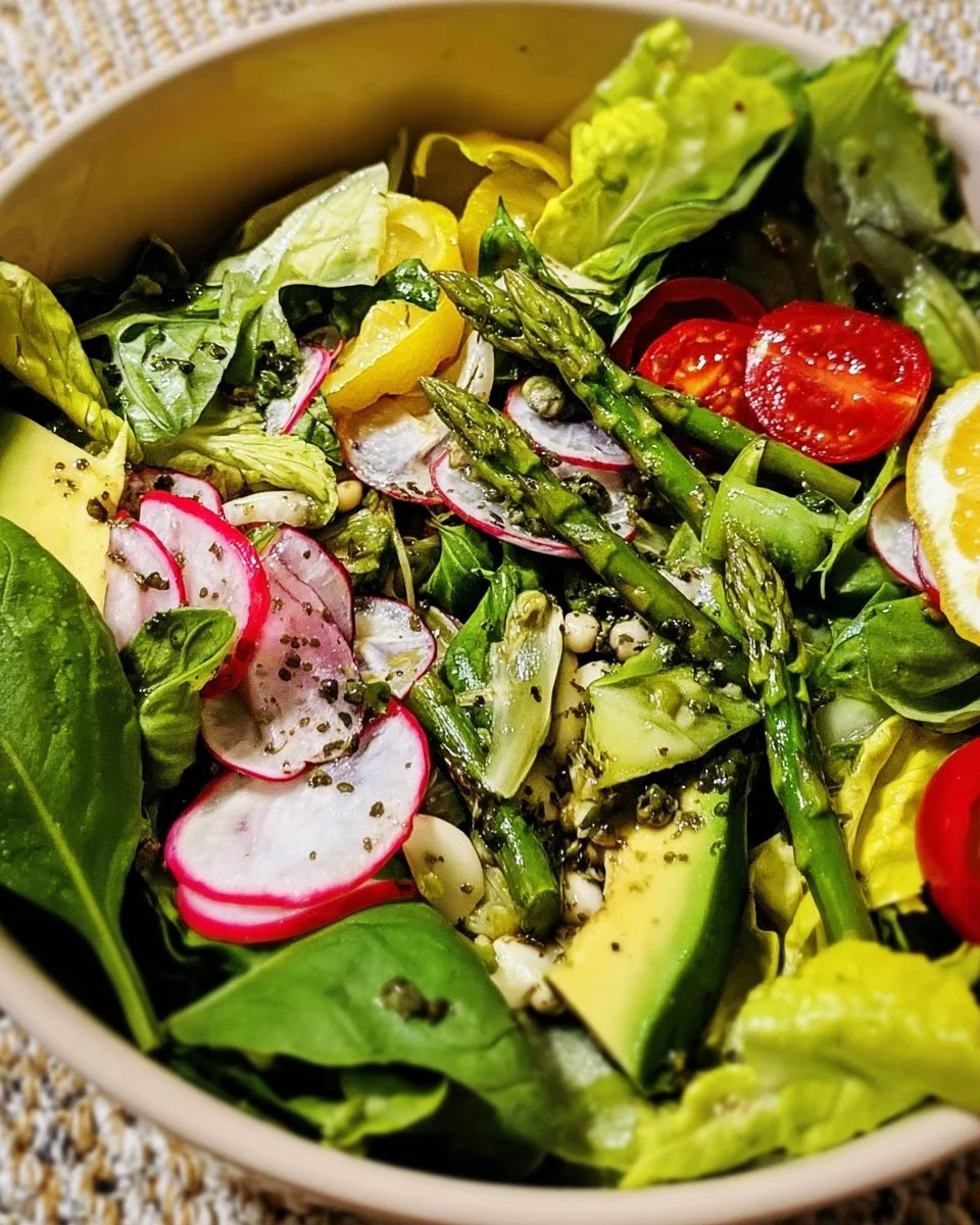 Spring salad topped with lemon basil vinaigrette and fresh vegetables