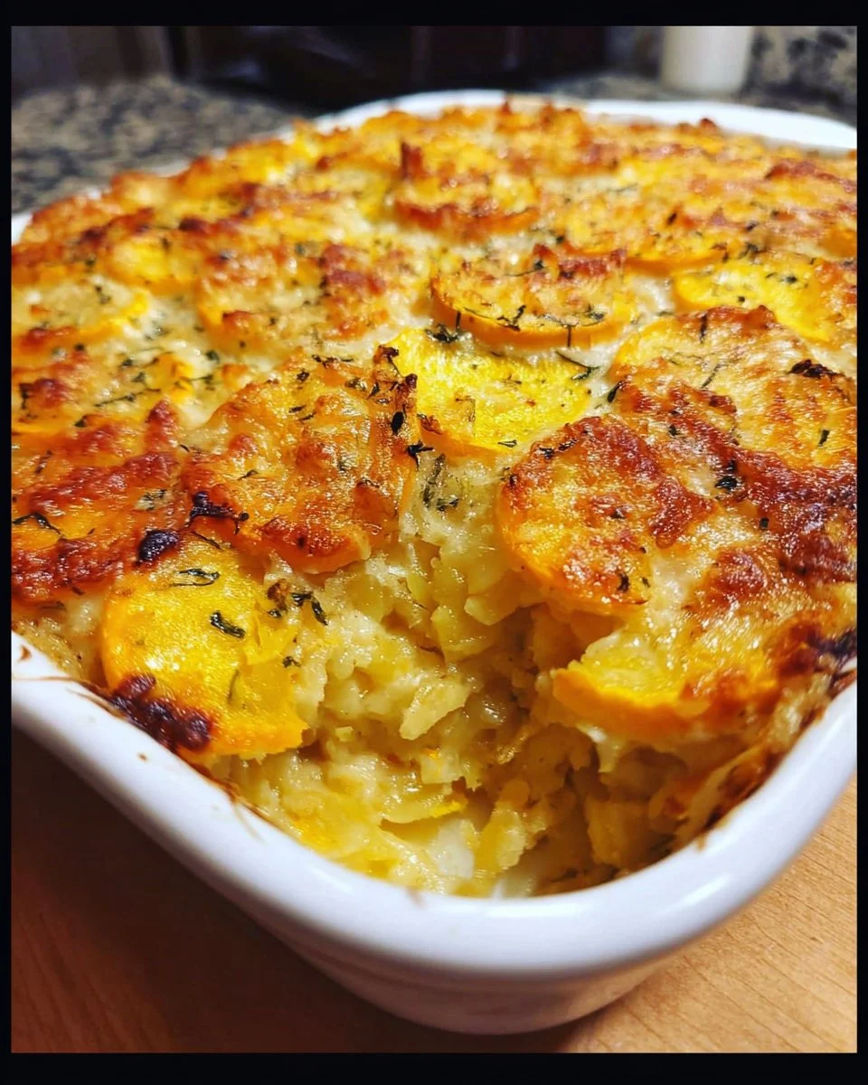 Delicious squash casserole served in a baking dish, showcasing its creamy texture and golden top.