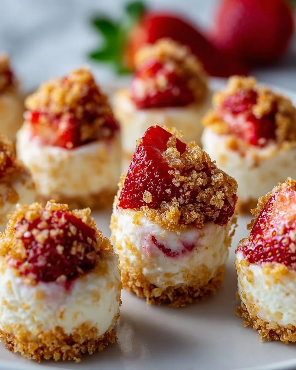 Delicious strawberry crunch cheesecake bites on a plate
