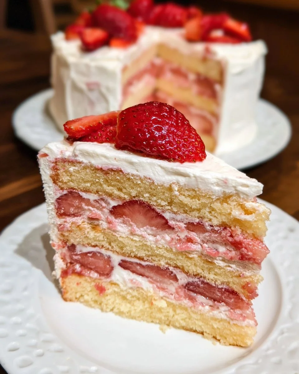 Delicious Strawberry Layer Cake with fresh strawberries and creamy frosting.