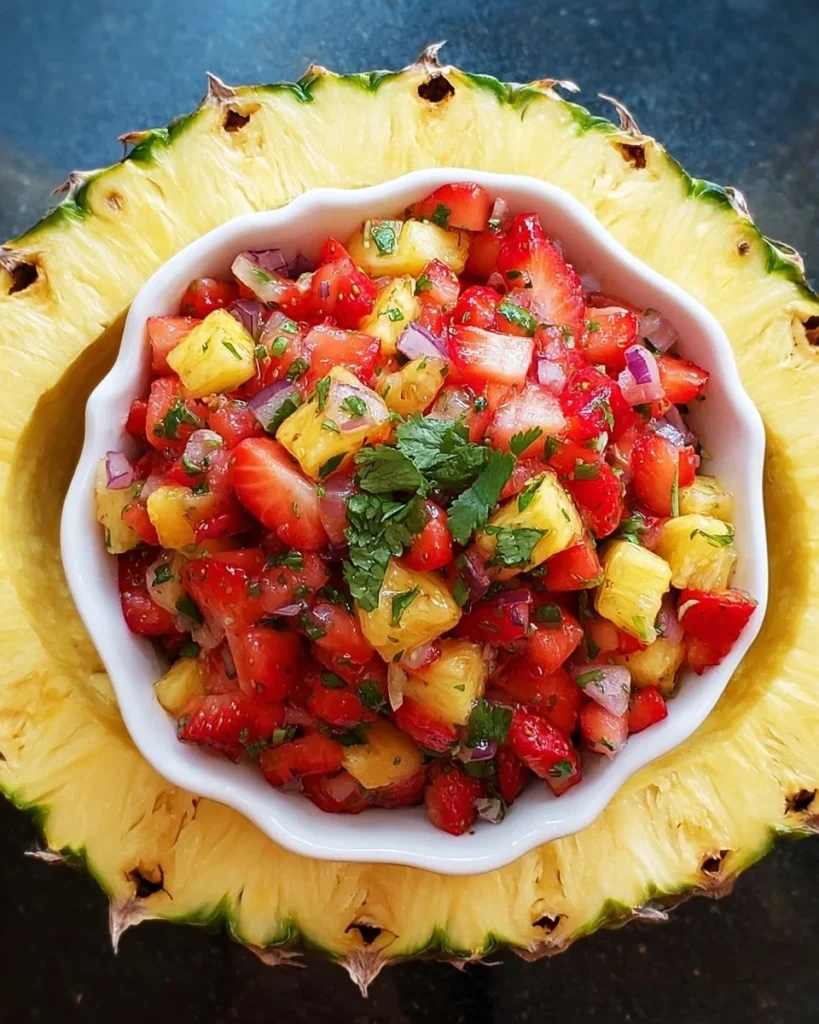Bowl of vibrant strawberry pineapple salsa with colorful fruit ingredients