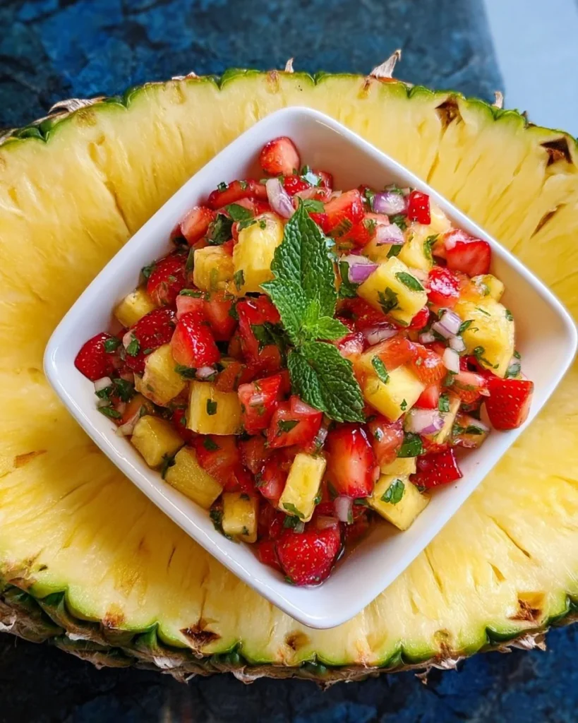 Bowl of fresh Strawberry Pineapple Salsa with vibrant ingredients